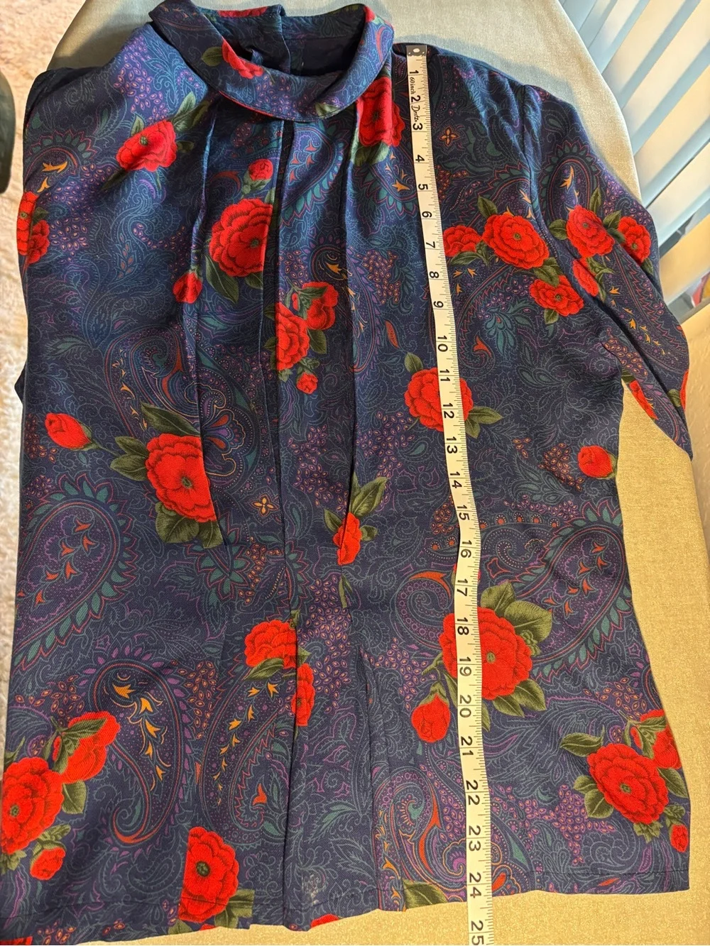 Vintage Pendleton Navy Floral Pleated Blouse and Midi Skirt Set with Red Rose